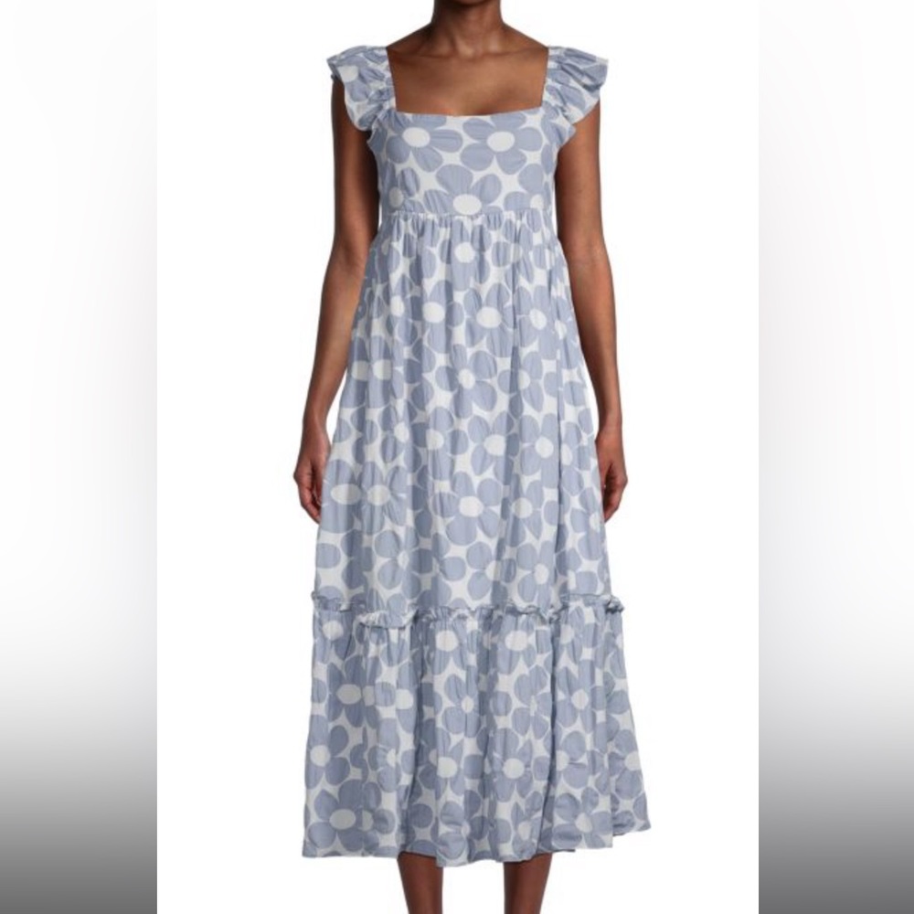 NWT Jacquie blue floral tiered midi dress, square neck, puff short sleeves